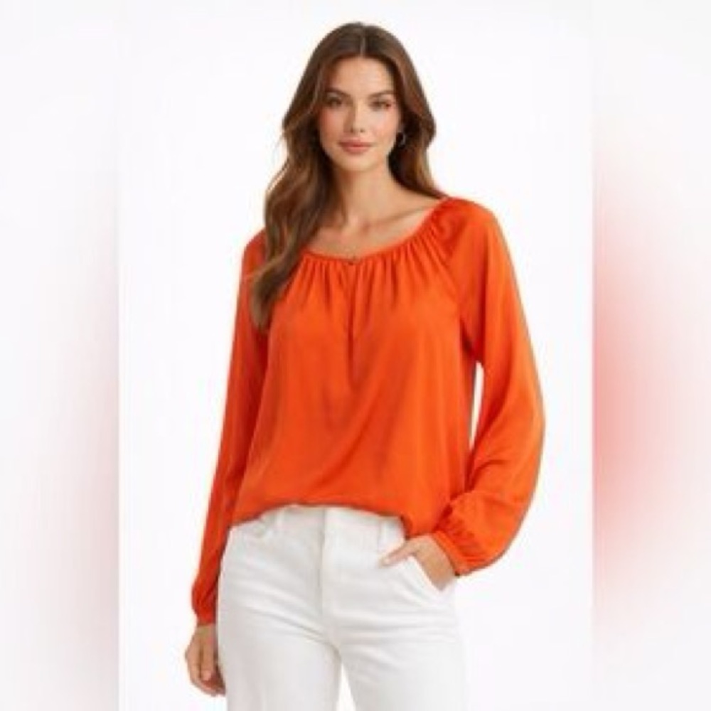 Tory Burch Orange 100% Silk‎ Long Sleeve Blouse Top Style 11111168 Womens Size 2